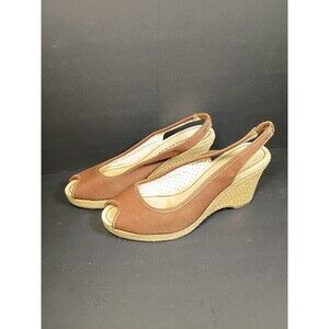 Montego Bay Espadrille Wedge Sandals Womens Size 7 Brown Canvas Peep Toe